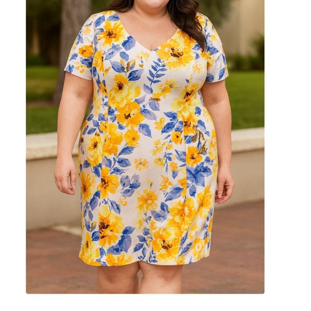 Preston & York Women's Size 16 Short Sleeve Floral Print V Neck Sheath Dress